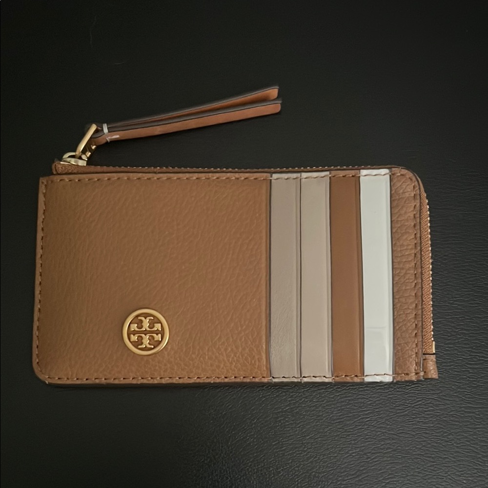 Tory Burch Tan Leather Card Holder with Gold Logo